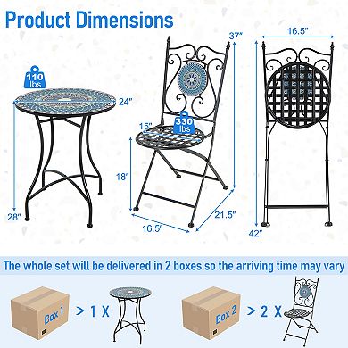 Costway 3pcs Patio Bistro Set Mosaic Pattern Heavy-Duty Metal Dining Folding Outdoor