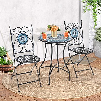 Costway 3pcs Patio Bistro Set Mosaic Pattern Heavy-Duty Metal Dining Folding Outdoor