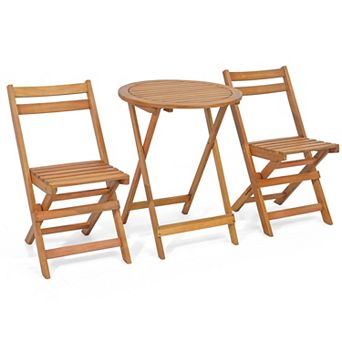 Costway 3 pc Folding Patio Bistro Set Solid Acacia Wood Table & Chairs Slatted Tabletop
