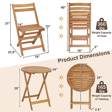 Costway 3 PCS Folding Patio Bistro Set Solid Acacia Wood Table & Chairs Slatted Tabletop