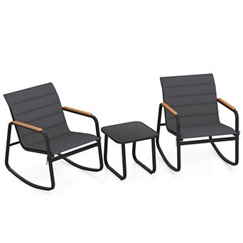 Costway 3 pc Outdoor Rocking Bistro Set with Tempered Glass Table Metal Frame Soft Cushions
