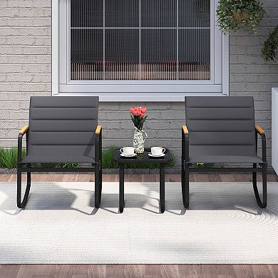 Costway 3 PCS Outdoor Rocking Bistro Set with Tempered Glass Table Metal Frame Soft Cushions