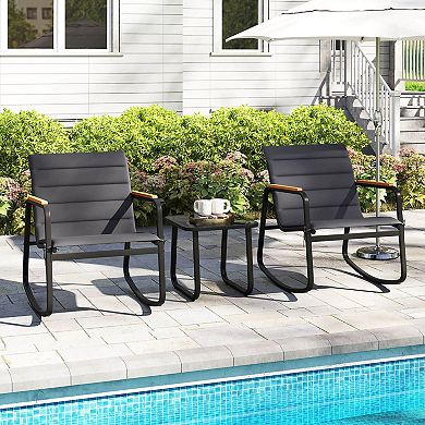 Costway 3 PCS Outdoor Rocking Bistro Set with Tempered Glass Table Metal Frame Soft Cushions