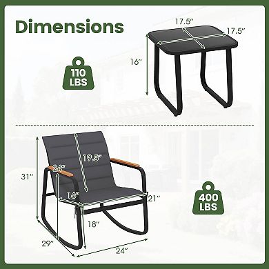 Costway 3 PCS Outdoor Rocking Bistro Set with Tempered Glass Table Metal Frame Soft Cushions