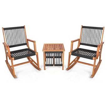 Costway 3 pc Patio Acacia Wood Bistro Table Rocking Chair Set All-Weather Rope Outdoor