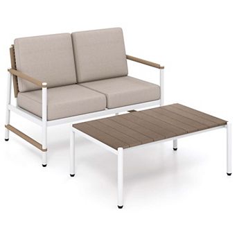 Costway 2 pc Patio Furniture Set Loveseat Sofa with Coffee Table Thick Cushions