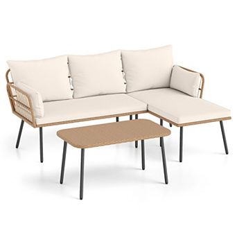 Costway 3 pc L-Shaped Patio Furniture Set with Coffee Table, Removable Cushions