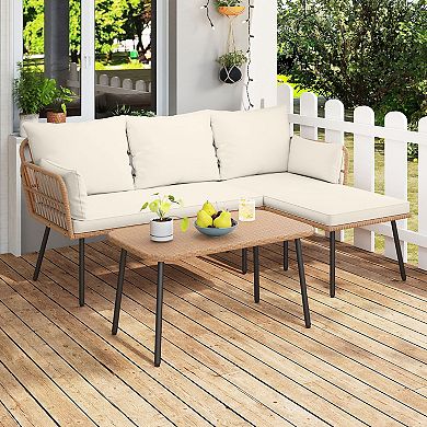 Costway 3 Pieces L-Shaped Patio Furniture Set with Coffee Table, Removable Cushions