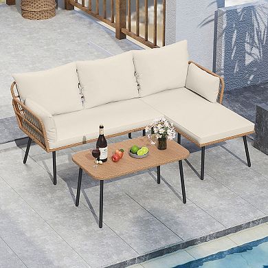 Costway 3 Pieces L-Shaped Patio Furniture Set with Coffee Table, Removable Cushions