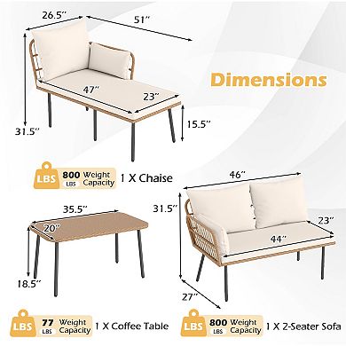 Costway 3 Pieces L-Shaped Patio Furniture Set with Coffee Table, Removable Cushions