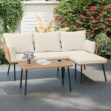 Costway 3 Pieces L-Shaped Patio Furniture Set with Coffee Table, Removable Cushions