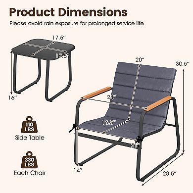 Costway 3 PCS Patio Bistro Set with Cushions & Tempered Glass Coffee Table for Balcony, Lawn