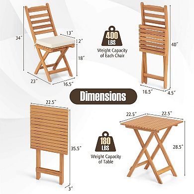 Costway 3-Piece Folding Bistro Set with Removable Seat Cushions Outdoor Table and Chairs