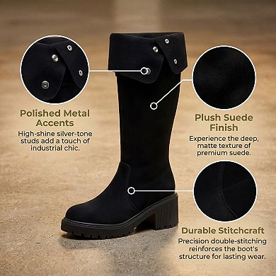 Women's Fold Down Chunky Heel Side Zipper Knee High Boots