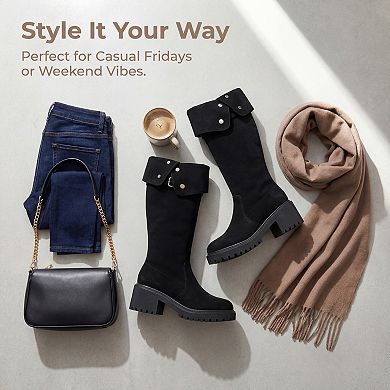 Women's Fold Down Chunky Heel Side Zipper Knee High Boots