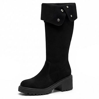 Women's Fold Down Chunky Heel Side Zipper Knee High Boots