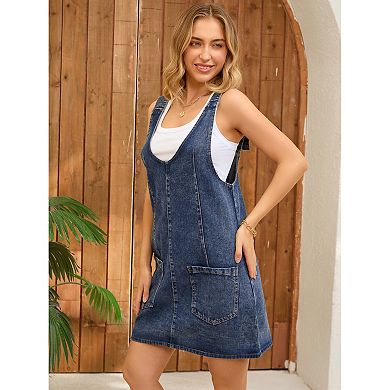 2 Packs Women's Denim Overalls Roller Romper Loose Casual Sleeveless Pinafore Mini Dresses