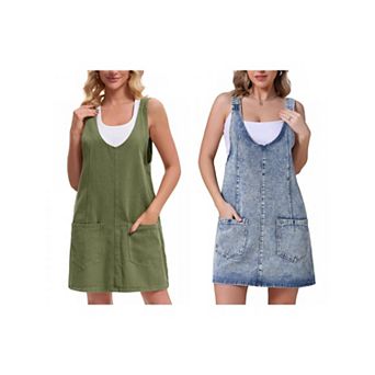 2 Packs Women's Denim Overalls Roller Romper Loose Casual Sleeveless Pinafore Mini Dresses