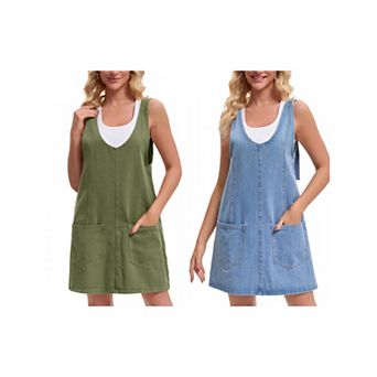 2 Packs Women's Denim Overalls Roller Romper Loose Casual Sleeveless Pinafore Mini Dresses