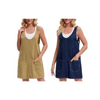 2 Packs Women's Denim Overalls Roller Romper Loose Casual Sleeveless Pinafore Mini Dresses