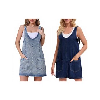 2 Packs Women's Denim Overalls Roller Romper Loose Casual Sleeveless Pinafore Mini Dresses