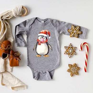 Watercolor Penguin Bubblegum - Baby Long Sleeve Bodysuit