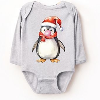 Watercolor Penguin Bubblegum - Baby Long Sleeve Bodysuit