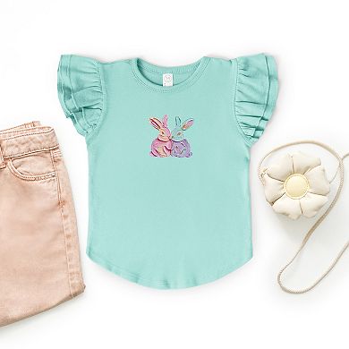 Two Bunnies Paint Print - Flutter Sleeve Graphic T-Shirt