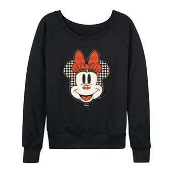 Women's Disney's Minnie Mouse Plaid Patch French Terry Long Sleeve Tee