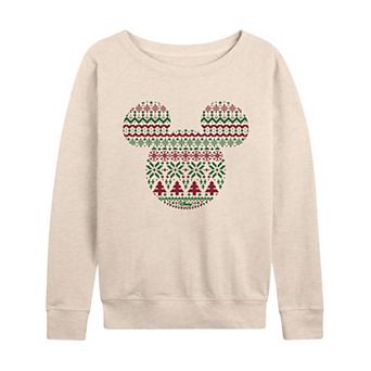 Women's Disney's Mickey Mouse Fair Isle Holiday French Terry Long Sleeve Tee