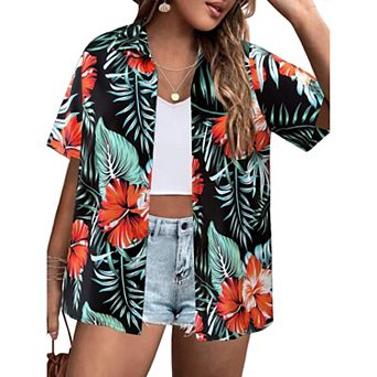 Zeagoo Women's Plus Size Short Sleeve Floral Hawaiian Tropical Beach Shirt