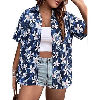 Zeagoo Women's Plus Size Short Sleeve Floral Hawaiian Tropical Beach Shirt