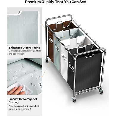4 Section Rolling Laundry Hamper Sorter Oxford Fabric Heavy Duty Lockable Wheels Removable Bags