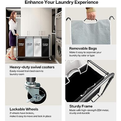 4 Section Rolling Laundry Hamper Sorter Oxford Fabric Heavy Duty Lockable Wheels Removable Bags