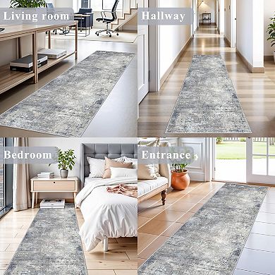 Washable Non-Slip Low Pile Runner Rug: Stain Resistant Neutral Abstract for High Traffic Homes