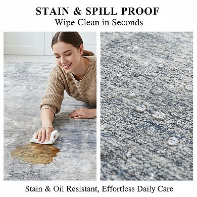 Washable Non-Slip Low Pile Runner Rug: Stain Resistant Neutral Abstract for High Traffic Homes