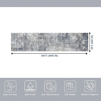 Washable Non-Slip Low Pile Runner Rug: Stain Resistant Neutral Abstract for High Traffic Homes
