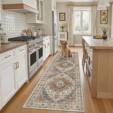 Washable Non Slip Low Pile Runner Rug Soft Vintage Floor Mat For Entryway Kitchen