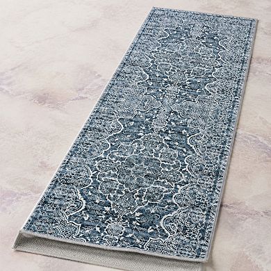 2x6 Blue White Floral Non Slip Machine Washable Runner Rug Soft Vintage Low Pile Carpet