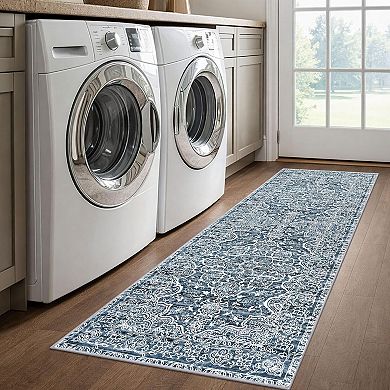 2x6 Blue White Floral Non Slip Machine Washable Runner Rug Soft Vintage Low Pile Carpet