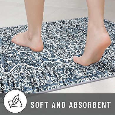 2x6 Blue White Floral Non Slip Machine Washable Runner Rug Soft Vintage Low Pile Carpet