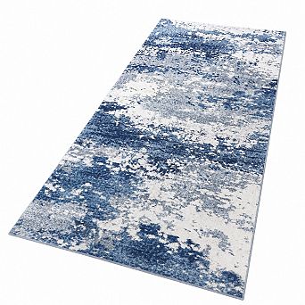 Blue Abstract Runner Rugs Non Slip Washable Low Pile Stain Resistant