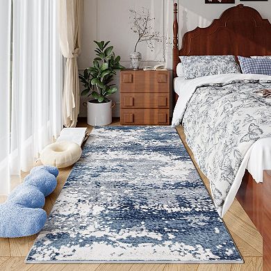 Blue Abstract Runner Rugs Non Slip Washable Low Pile Stain Resistant