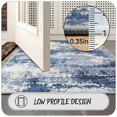 Blue Abstract Runner Rugs Non Slip Washable Low Pile Stain Resistant