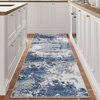 Blue Abstract Runner Rugs Non Slip Washable Low Pile Stain Resistant