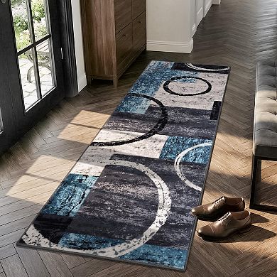 Ultra Soft Washable Non Slip Low Pile Abstract Geometric Runner Rug