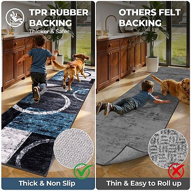 Ultra Soft Washable Non Slip Low Pile Abstract Geometric Runner Rug