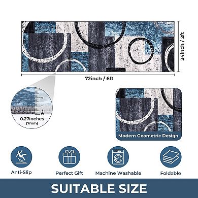 Ultra Soft Washable Non Slip Low Pile Abstract Geometric Runner Rug