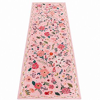 Pink Floral Printed Washable Runner Rug Non Slip Low Pile Home Decor