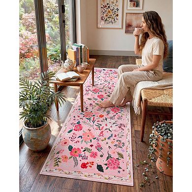 Pink Floral Printed Washable Runner Rug Non Slip Low Pile Home Decor